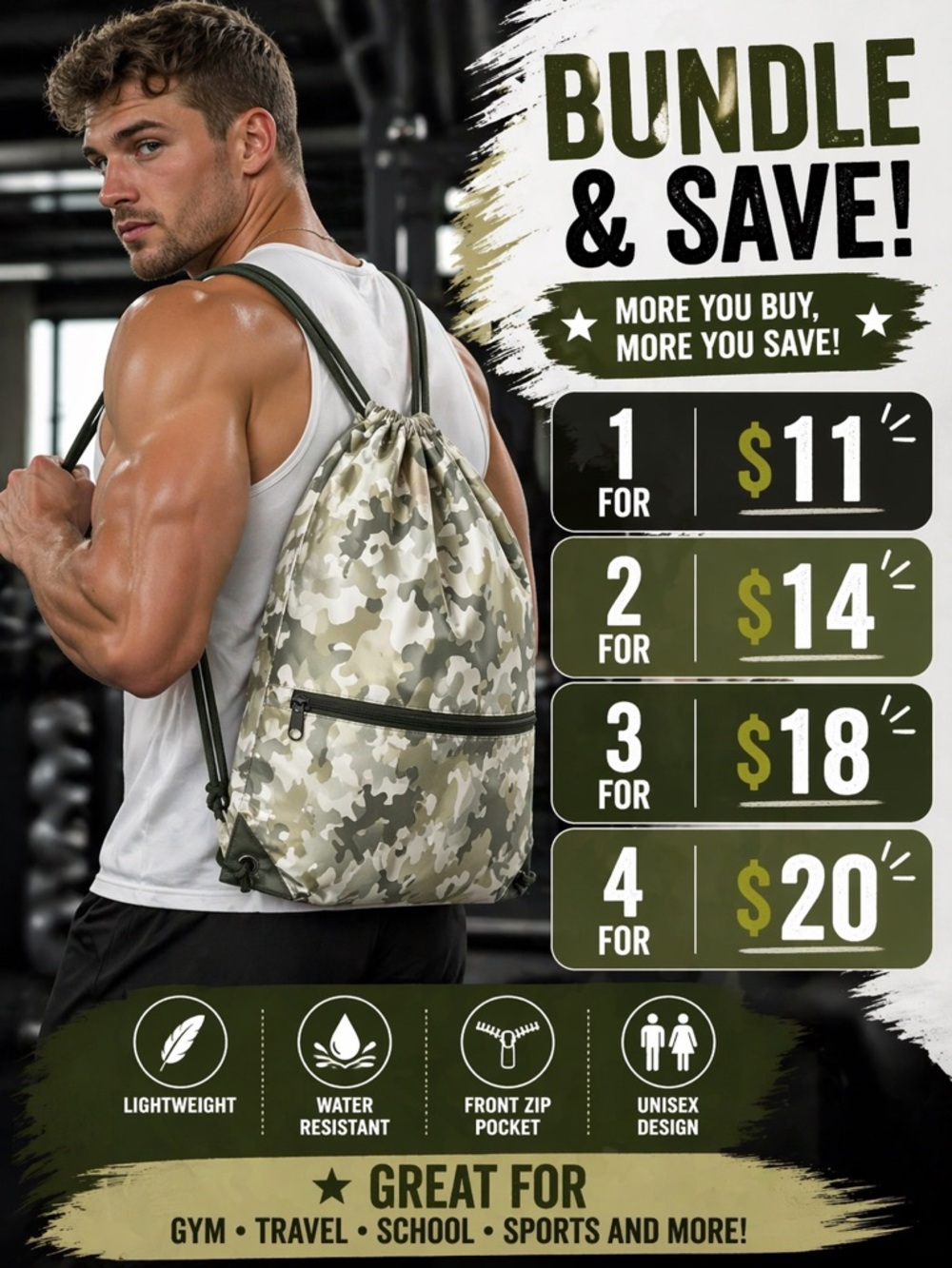 Camo Drawstring Backpack Bag Gym Water Resistant Pocket 1/$11 2/$14 3/$18 4/$20